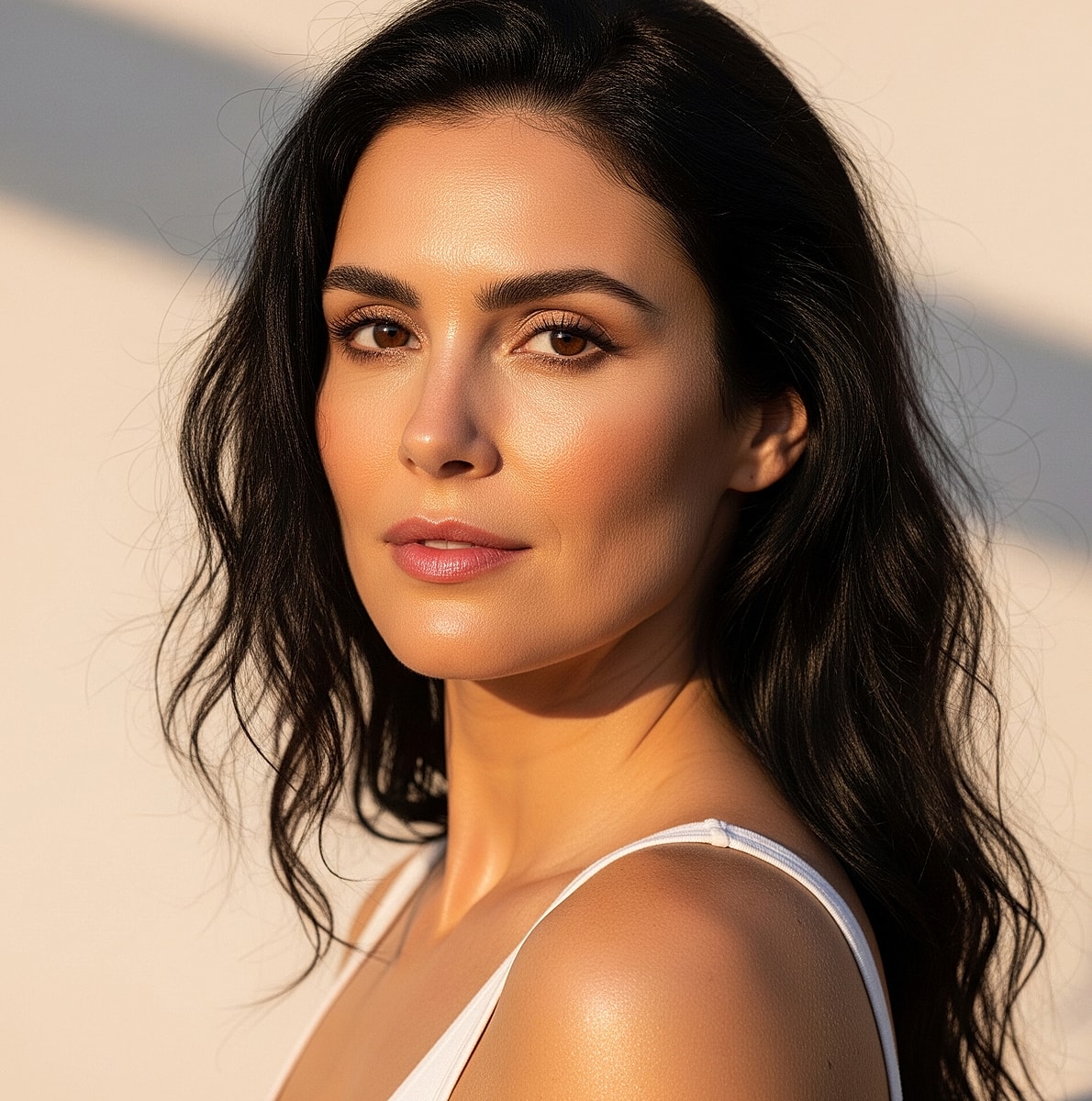 Woman with wavy hair in natural lighting.