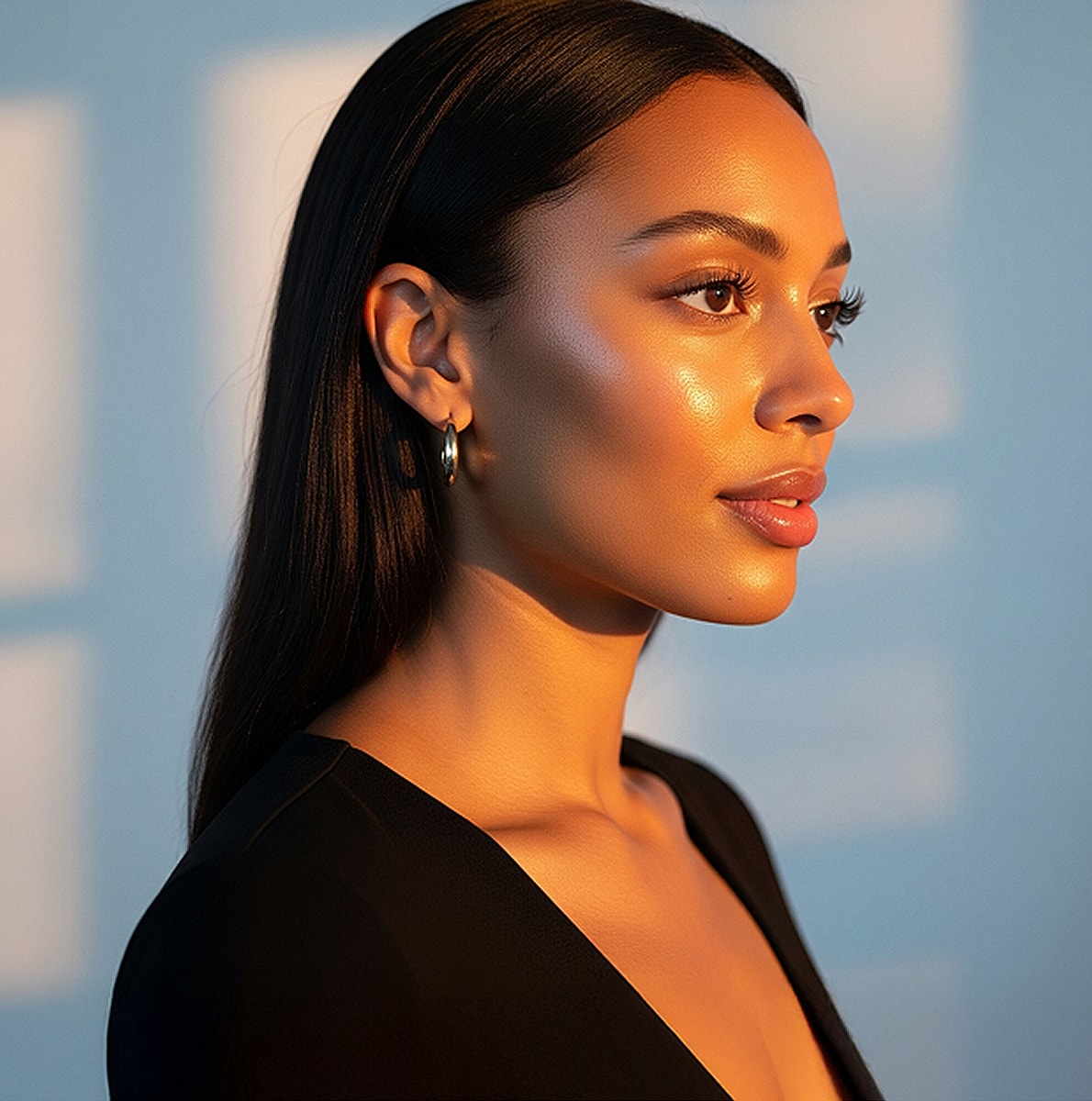 Woman with glowing skin and elegant earrings.