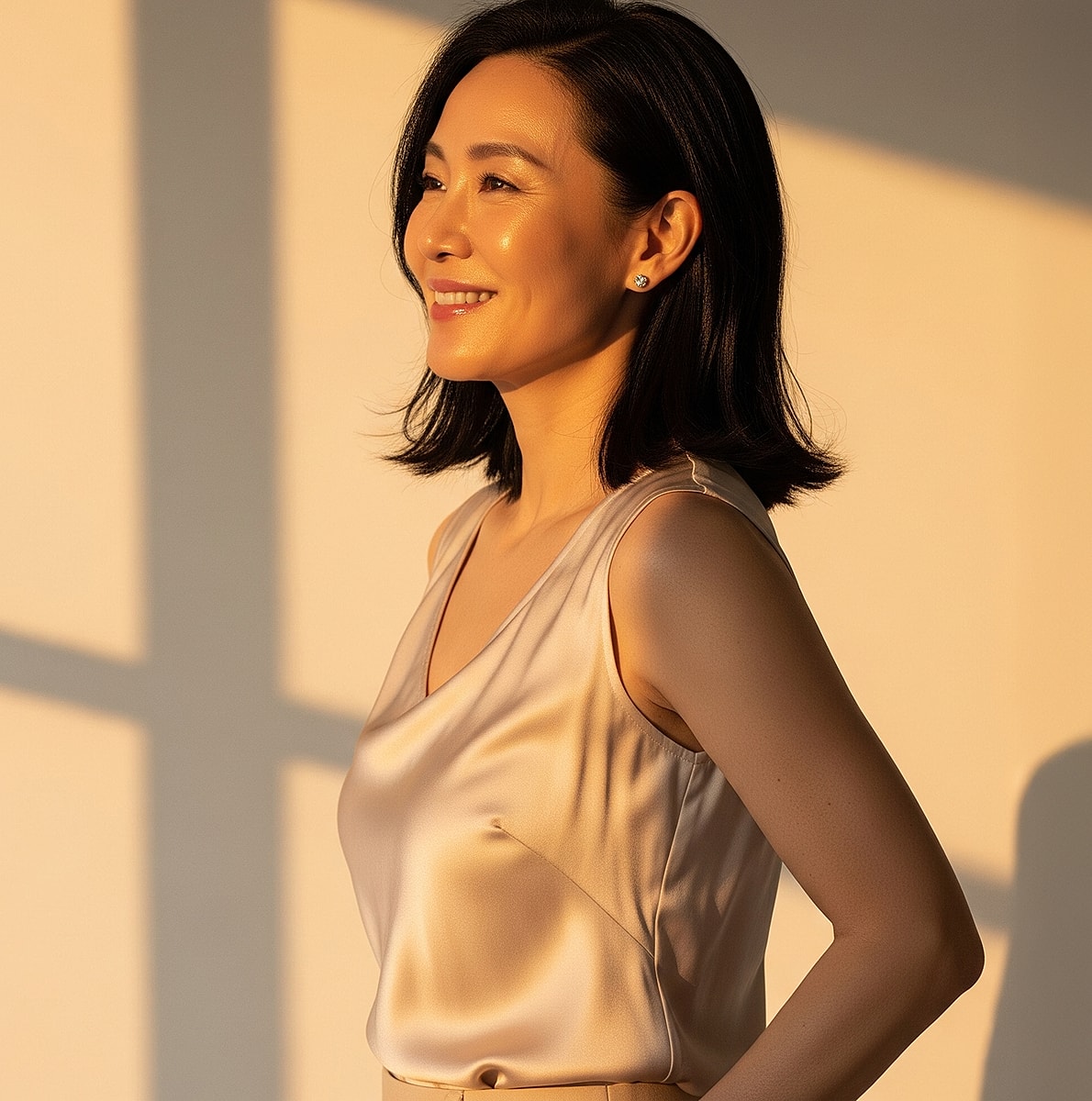 Close-up of a woman's face and smile.