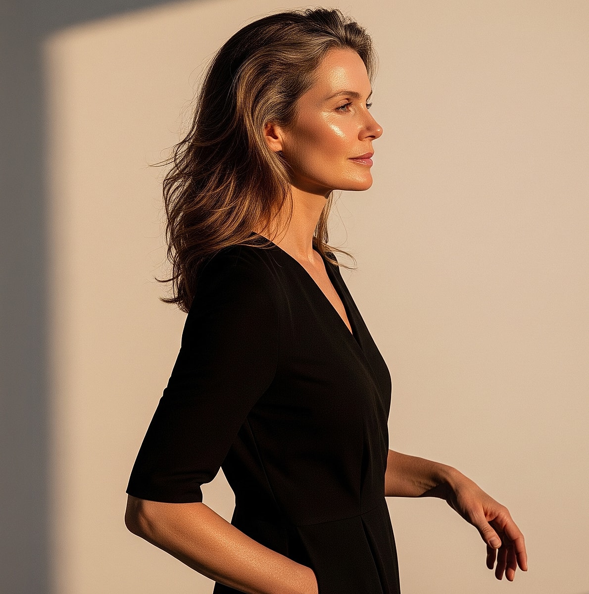 Woman in profile with sunlight highlighting features.